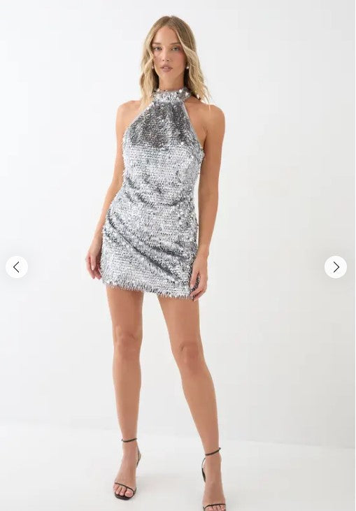 🌙 Luxe Open-Back Sparkle Mini Dress