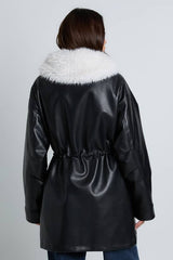 Faux Fur Collar Faux Leather Cinched Waist Jacket