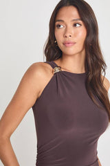 Asymmetric Gold Trim Maxi Dress