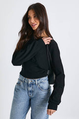 Rib Deep Hem Cinched Waist Balloon Sleeve Top