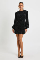 Sequin Blouson Sleeve Shift Party Dress