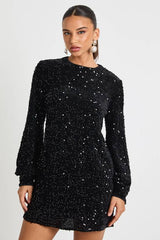 Sequin Blouson Sleeve Shift Party Dress