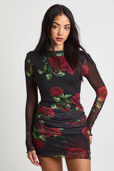 Petite Rose Printed Mesh Drape Waist Mini Dress