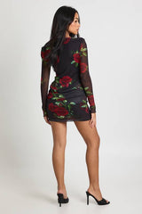 Petite Rose Printed Mesh Drape Waist Mini Dress