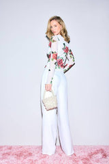 Rose Print Mesh Cowl Neck Long Sleeve Top