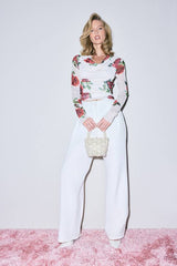 Rose Print Mesh Cowl Neck Long Sleeve Top