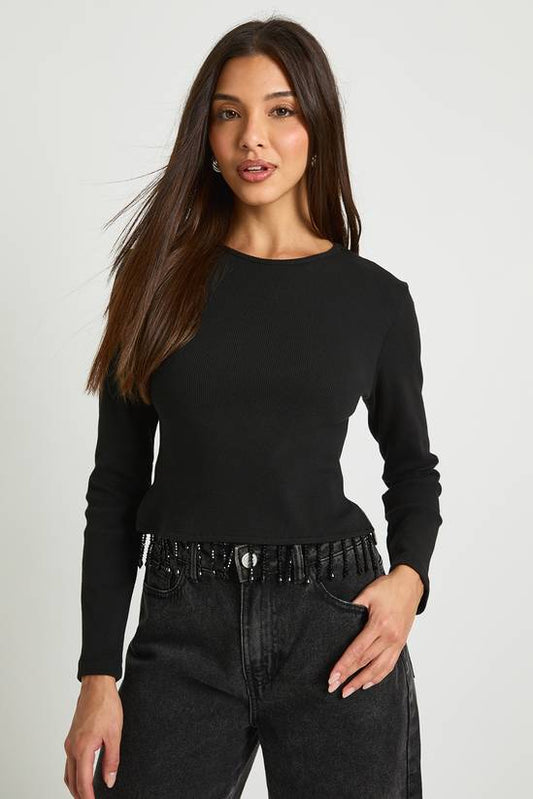 Sparkly Trim Long Sleeve Rib Top