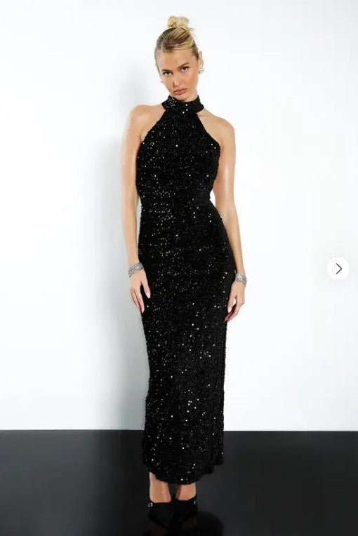 ✨ Velvet Sequin Halter Maxi Gown