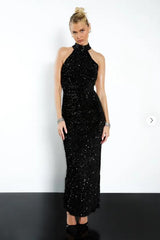 ✨ Velvet Sequin Halter Maxi Gown