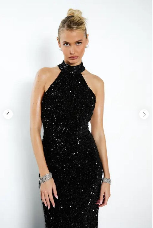 ✨ Velvet Sequin Halter Maxi Gown