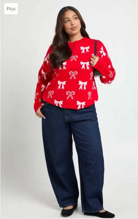 Eliana Paris Plus Candy Cane Bow Christmas Sweater