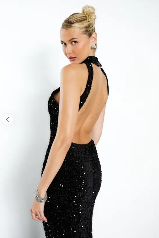 ✨ Velvet Sequin Halter Maxi Gown