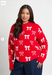 Eliana Paris Plus Candy Cane Bow Christmas Sweater