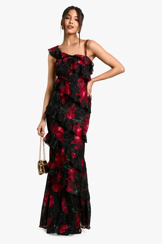 Floral One Shoulder Ruffle Maxi Dress