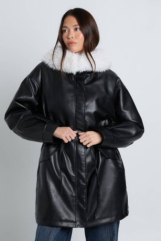 Faux Fur Collar Faux Leather Cinched Waist Jacket