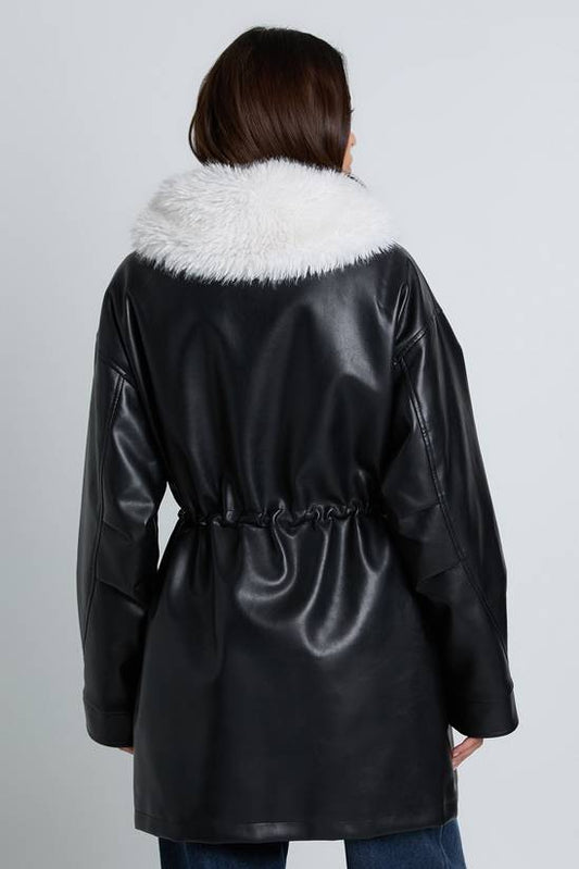 Faux Fur Collar Faux Leather Cinched Waist Jacket