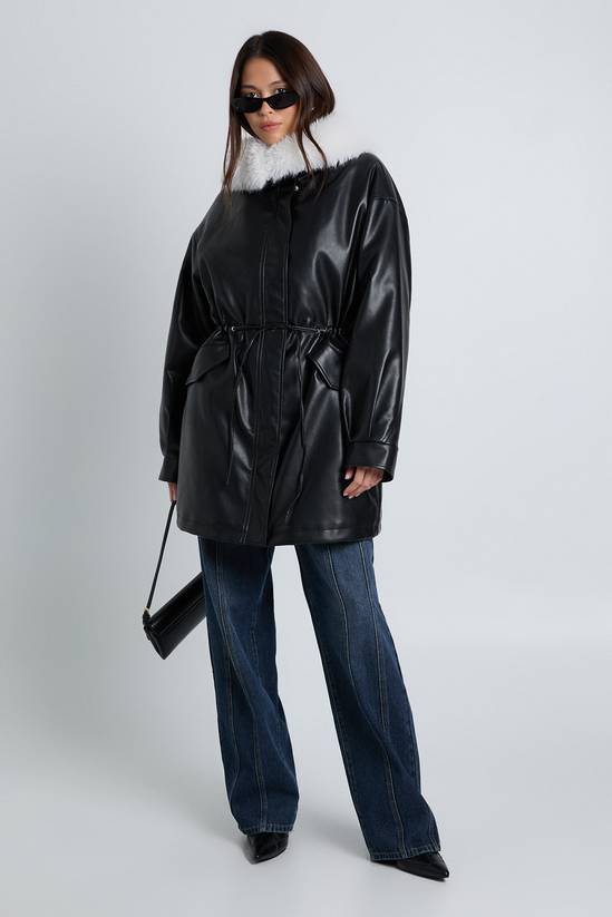 Faux Fur Collar Faux Leather Cinched Waist Jacket