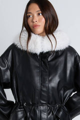 Faux Fur Collar Faux Leather Cinched Waist Jacket