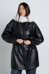 Faux Fur Collar Faux Leather Cinched Waist Jacket