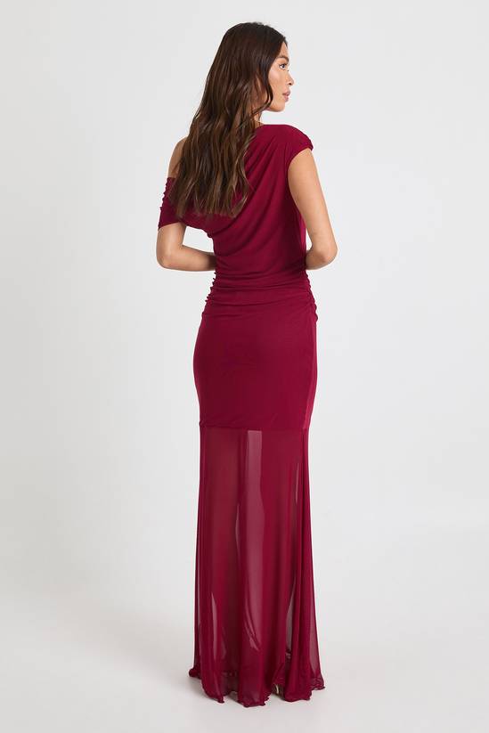 Asymmetric Gold Trim Mesh Maxi Dress