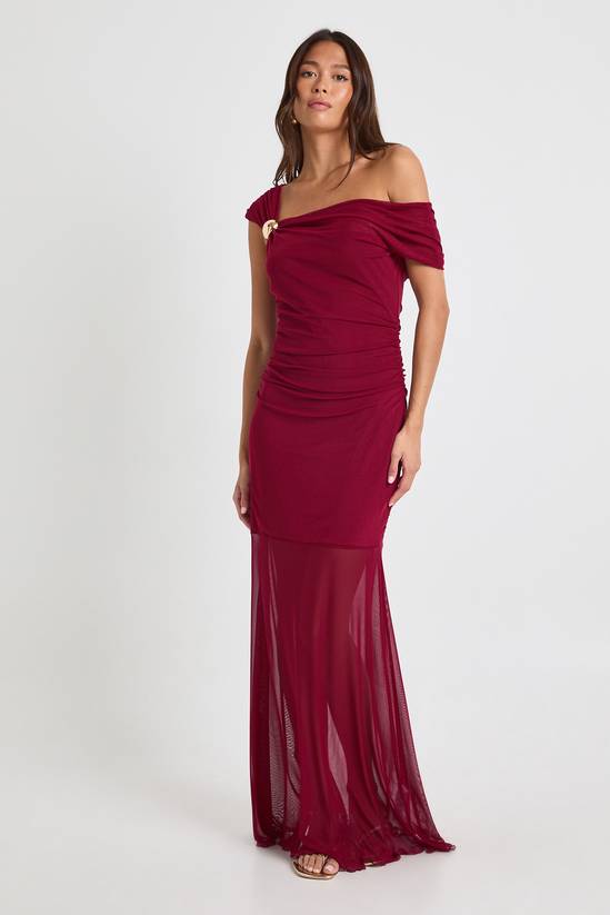 Asymmetric Gold Trim Mesh Maxi Dress