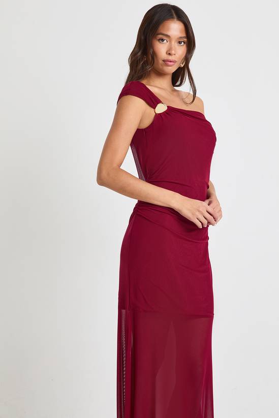 Asymmetric Gold Trim Mesh Maxi Dress