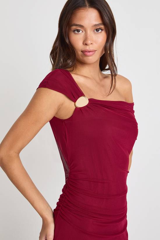 Asymmetric Gold Trim Mesh Maxi Dress