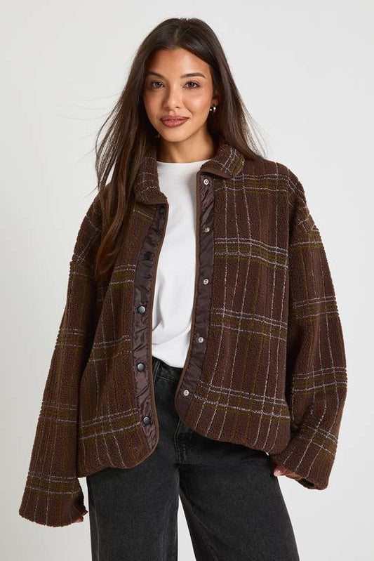 Square Printed Teddy Button Up Jacket