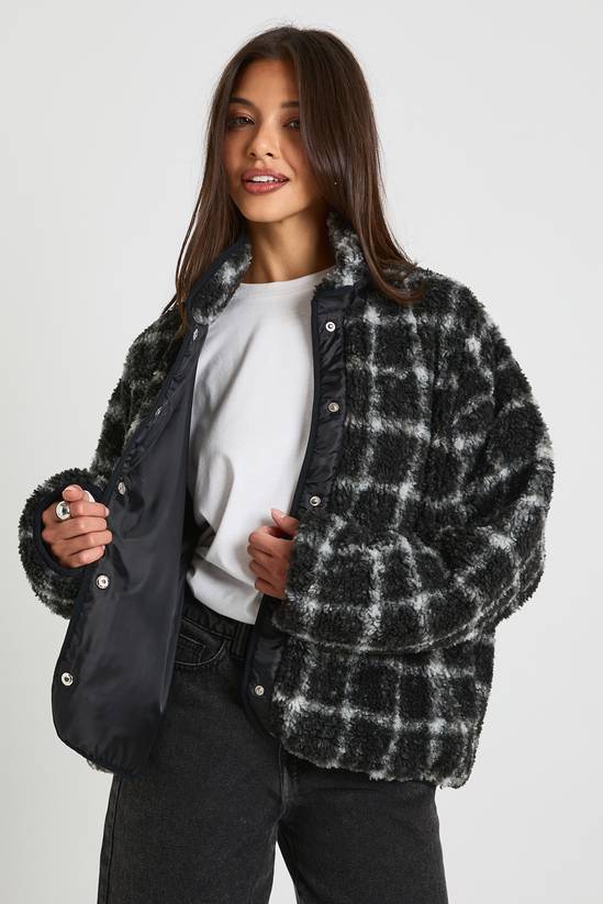 Square Printed Teddy Button Up Jacket