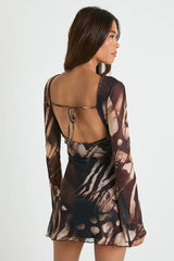 Abstract Mesh Flare Sleeve Mini Dress