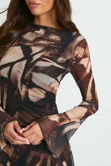 Abstract Mesh Flare Sleeve Mini Dress