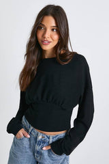 Rib Deep Hem Cinched Waist Balloon Sleeve Top