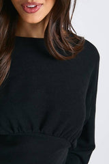Rib Deep Hem Cinched Waist Balloon Sleeve Top