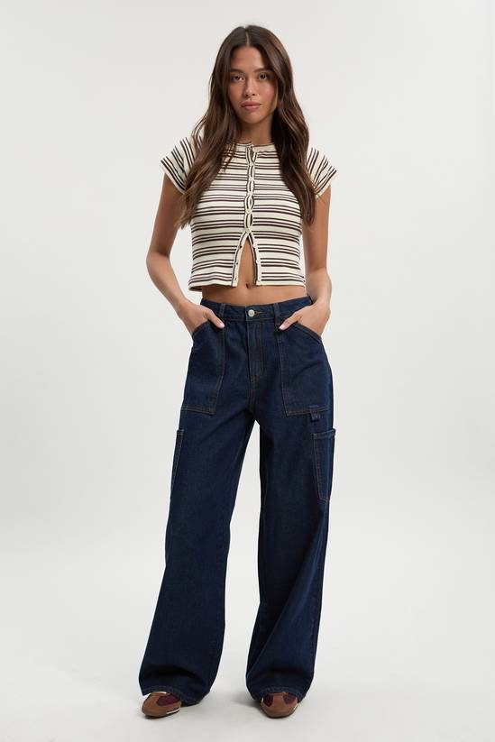 High Waist Loose Fit Carpenter Wide Leg Jean