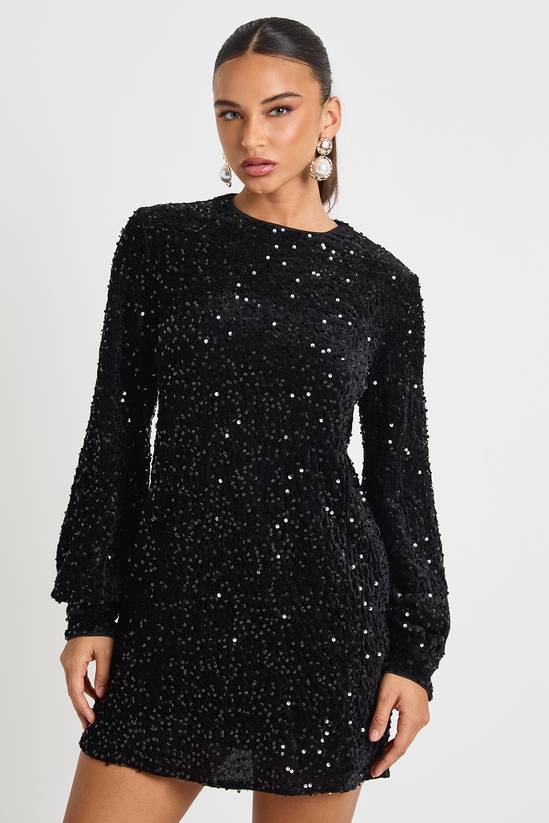 Sequin Blouson Sleeve Shift Party Dress