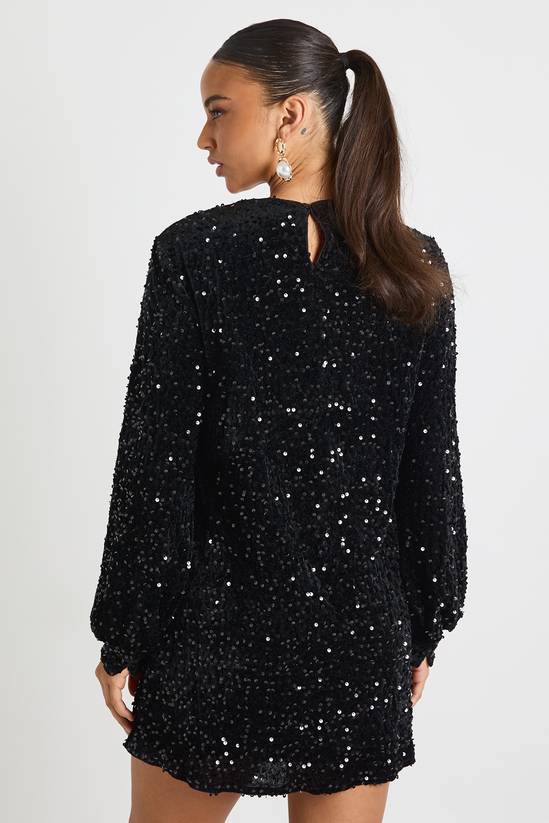 Sequin Blouson Sleeve Shift Party Dress