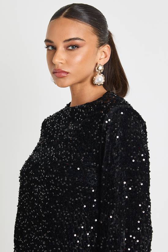 Sequin Blouson Sleeve Shift Party Dress