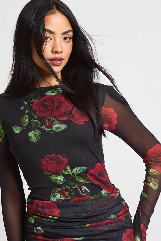 Petite Rose Printed Mesh Drape Waist Mini Dress