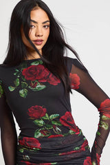 Petite Rose Printed Mesh Drape Waist Mini Dress