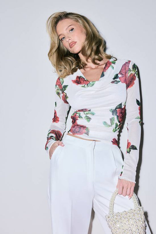 Rose Print Mesh Cowl Neck Long Sleeve Top