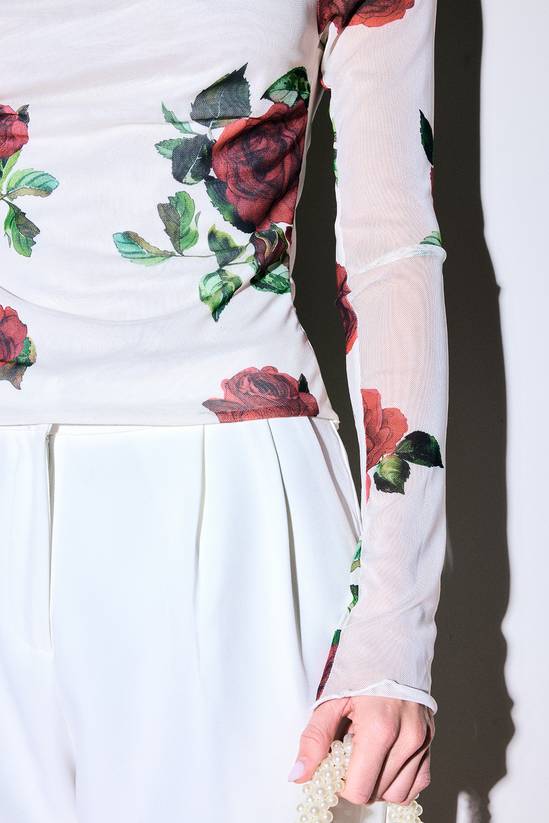 Rose Print Mesh Cowl Neck Long Sleeve Top