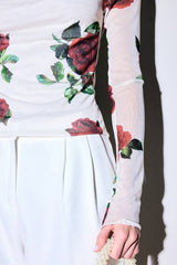 Rose Print Mesh Cowl Neck Long Sleeve Top