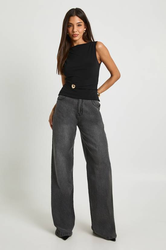 Slash Neck Sleeveless Trim Belt Top