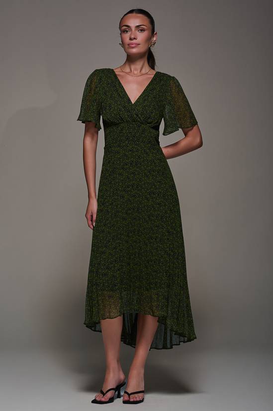 Chiffon Pleated Dip Hem Maxi Dress