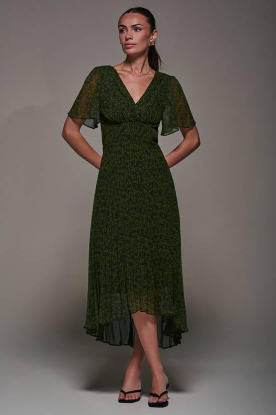 Chiffon Pleated Dip Hem Maxi Dress