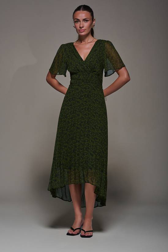 Chiffon Pleated Dip Hem Maxi Dress