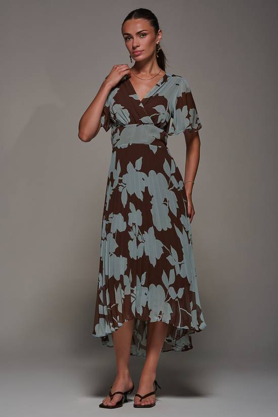 Chiffon Pleated Dip Hem Maxi Dress